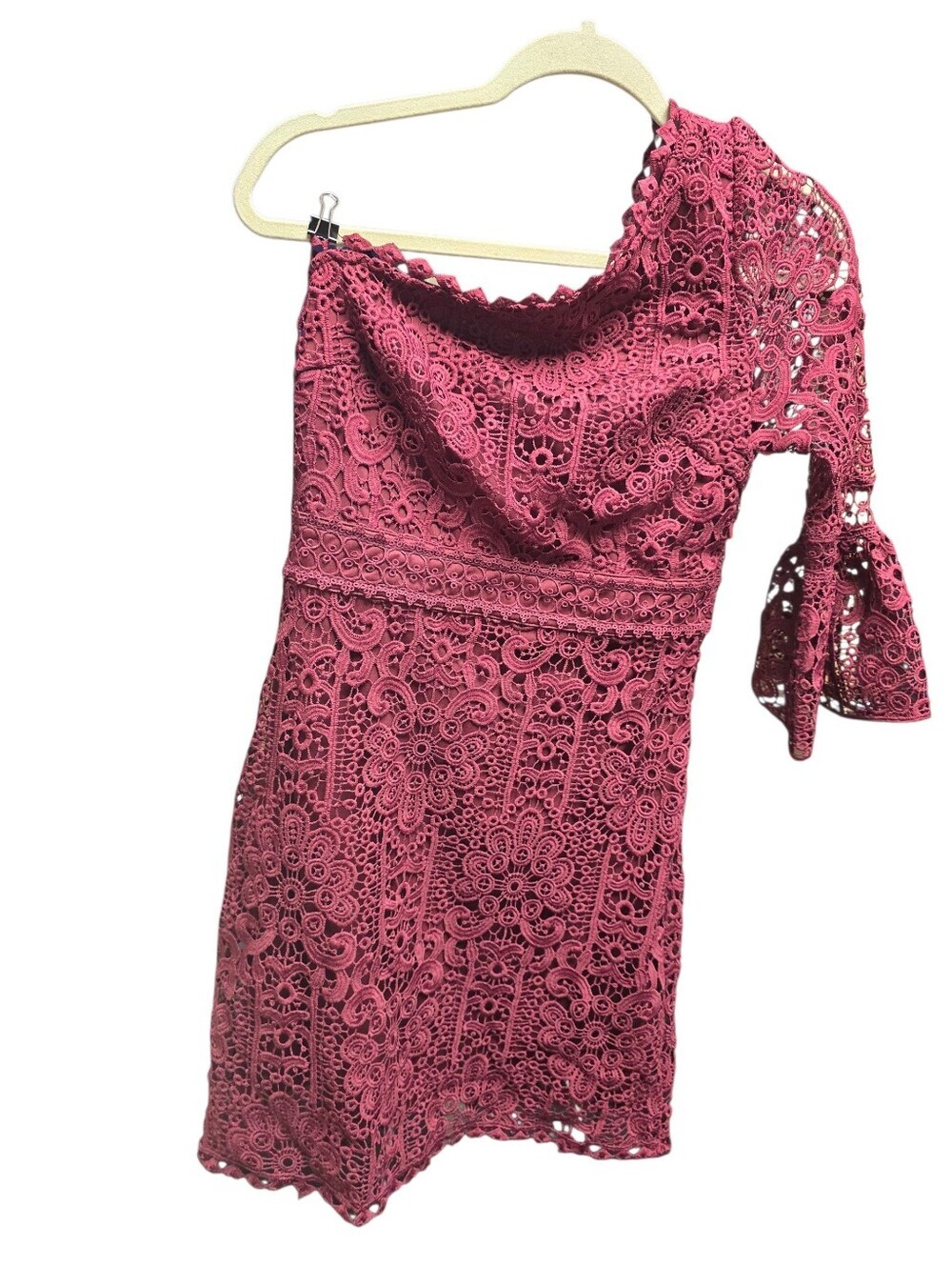 Lulus Dreamy Date Burgundy Crochet Lace One-Shoulder Mini Party Dress Sz M